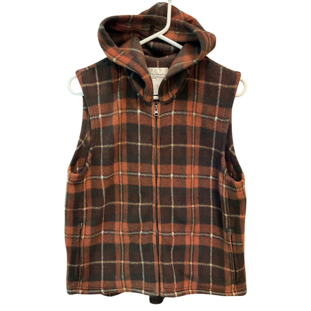 Christopher & Banks Orange Brown Zip Hooded Vest Fleece Plaid Large